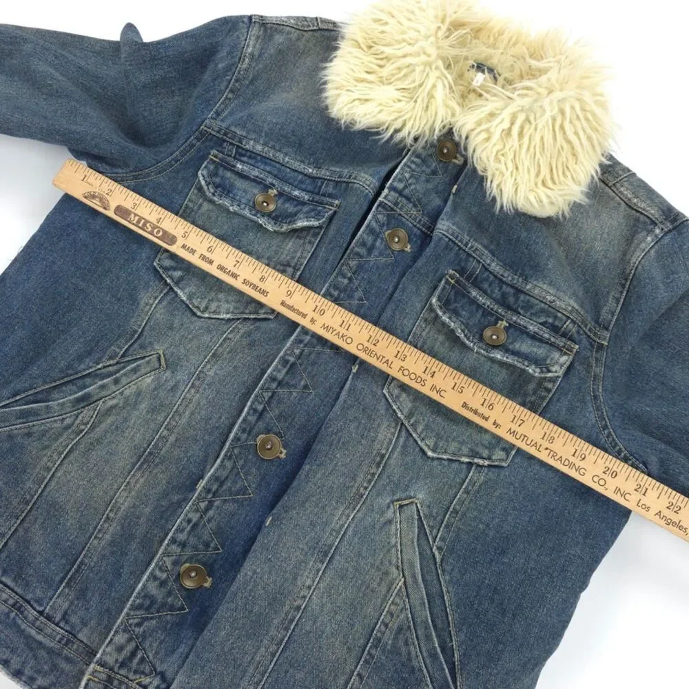 FREE PEOPLE Shaggy Fur Denim Trucker Jacket Festival Boho Indie Downtown Girl - Picture 4 of 13